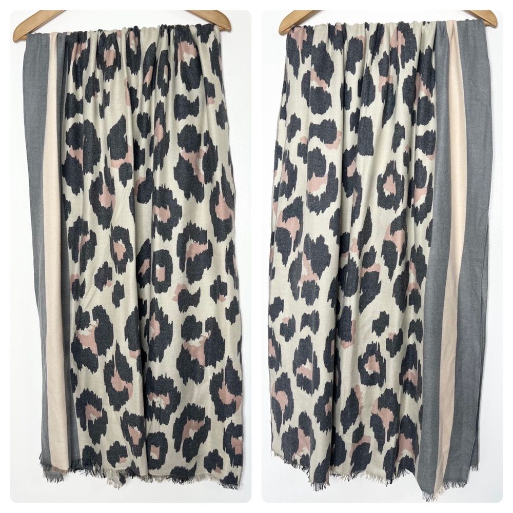 Cotton Cashmere Leopard Print Scarf 80/20 Blend Soft Cozy Winter Fringe Shawl - Picture 2 of 4